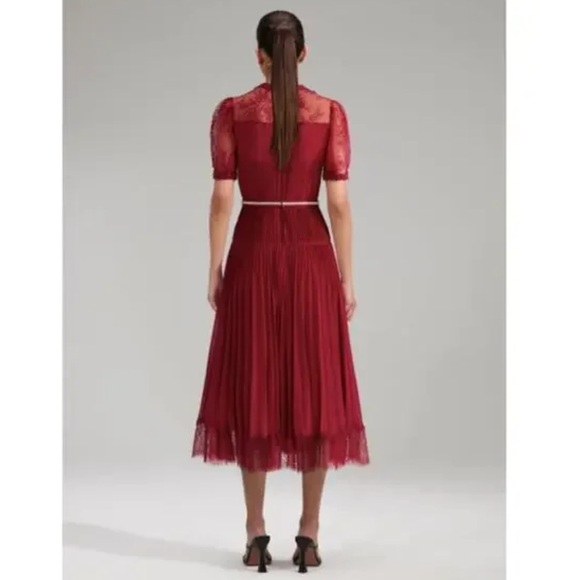 Only worn once SELF PORTRAIT LACE TRIM PLEATED MIDI DRESS in burgundy - size 2! - Picture 2 of 12